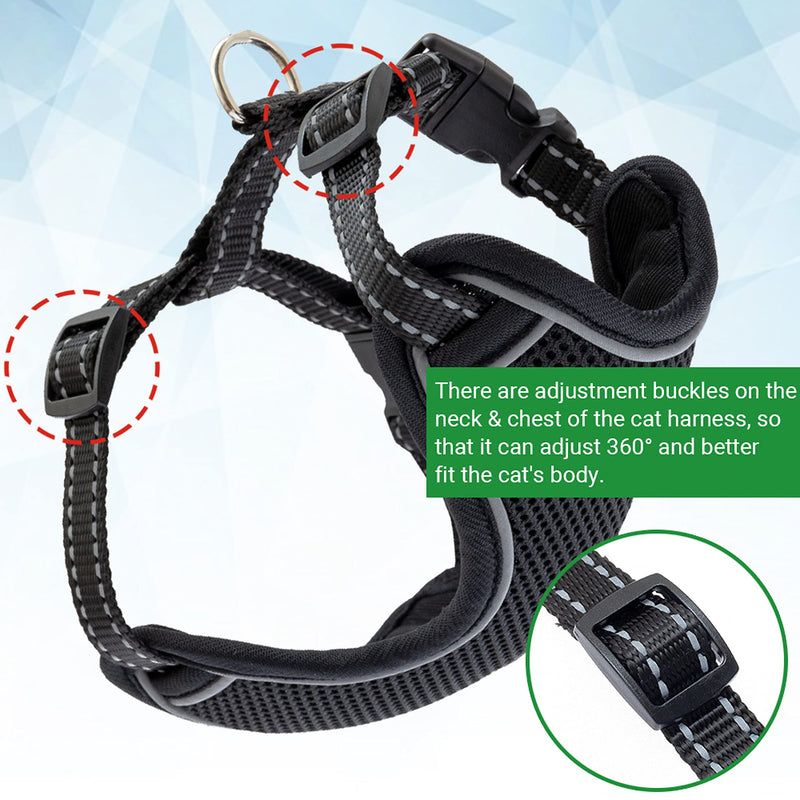 Cat Harness and Leash Set for Walking Escape Proof - Reflective Adjustable Cat Vest Harness for Small to Large Cat Puppy - Cute Black Mesh Breathable Soft Cat Full Body Harness S (neck:7"-11" chest:10.5"-16" ) - PawsPlanet Australia