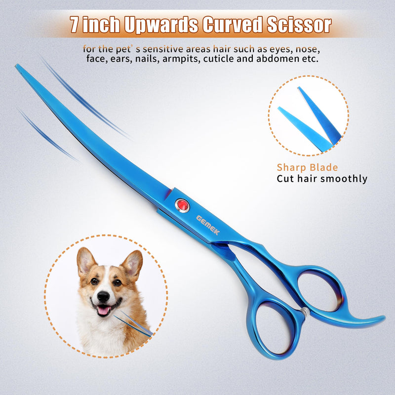 7.0in Titanium Professional Pet Grooming Scissors Set, GEMEK 6 in 1 Straight & Thinning & Upwards Curved & Downwards Curved Scissors & Comb for Dogs, Cats (Blue) Blue 6 in 1 7inch - PawsPlanet Australia