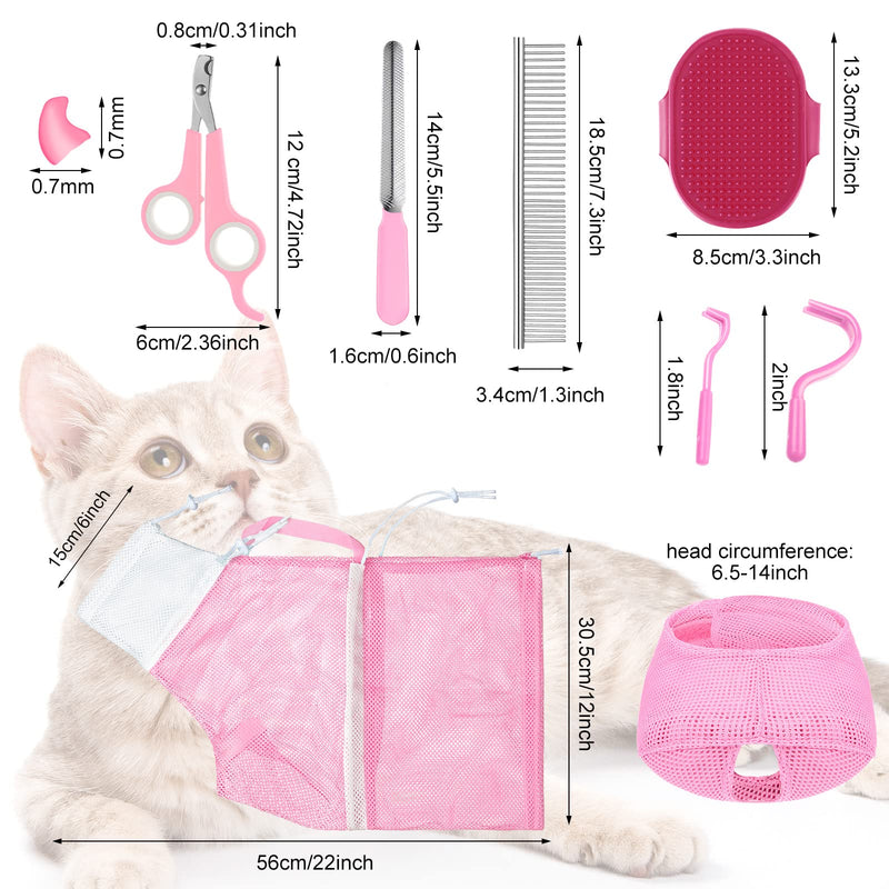 9 Pieces Cat Bathing Bag Set Cat Shower Bag Anti Bite and Anti Scratch Cat Grooming Bag for Pet Washing Brush Comb, Cat Muzzle, Nail Clipper, Nail File, Tick Tool (Pink) Pink - PawsPlanet Australia