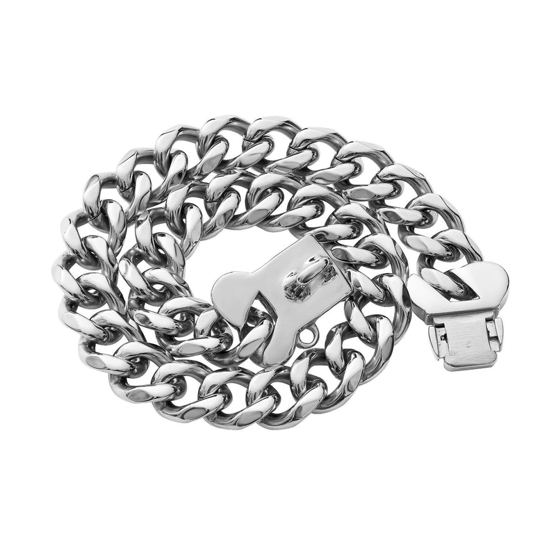 Stainless Steel Cuban Silver Link Heavy Duty Necklace Dog Collar for Small Medium Large Dogs, American Bully French Bulldog Dog Collar with CZ Luxury Safety Personalized Dog Tag Buckle Silver 12 Inch (Pack of 1) - PawsPlanet Australia
