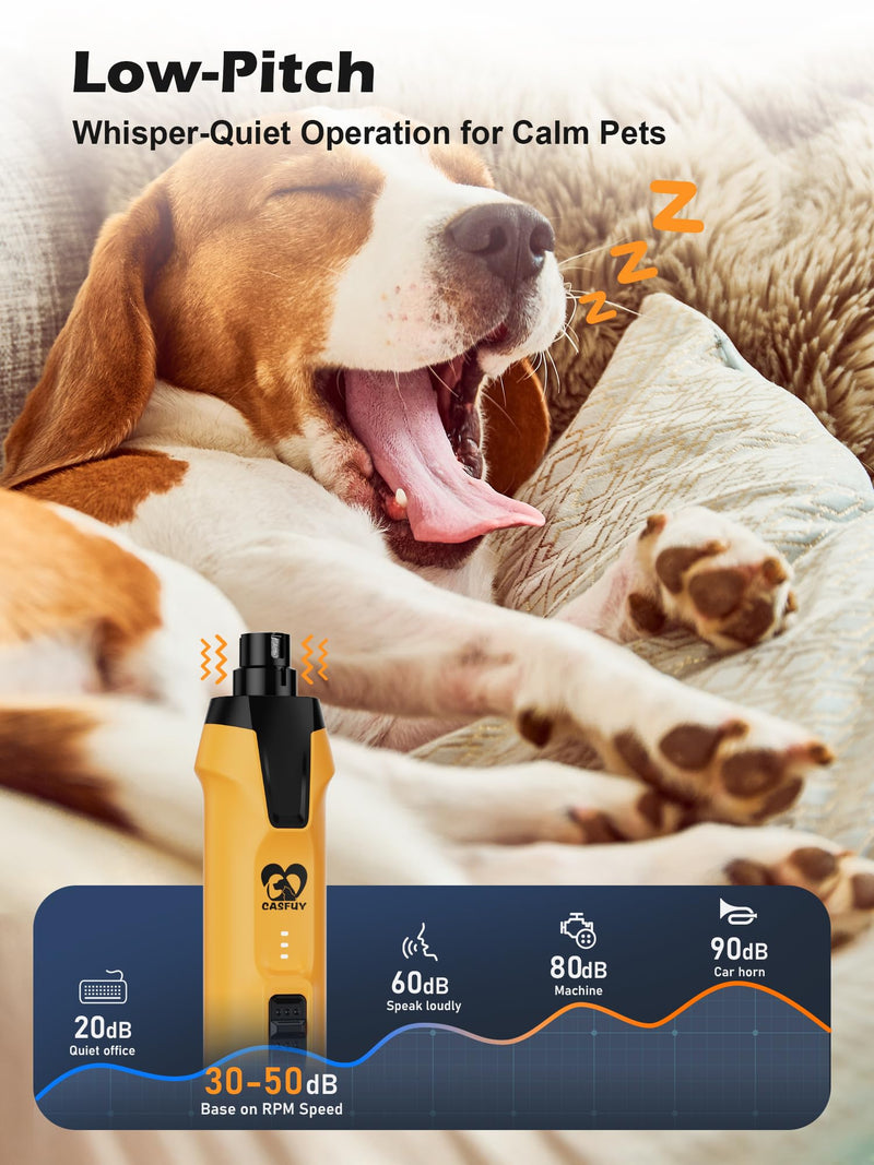 Casfuy 6-Speed Dog Nail Grinder – 50%+ Boost Power Dog Nail Trimmers Quiet with Dust Cap & 2 LED Lights & 2000mAh Battery & 4.8V Motor Electric Pet Toenail File Tool for Large Medium Small Dogs Cats Yellow - PawsPlanet Australia