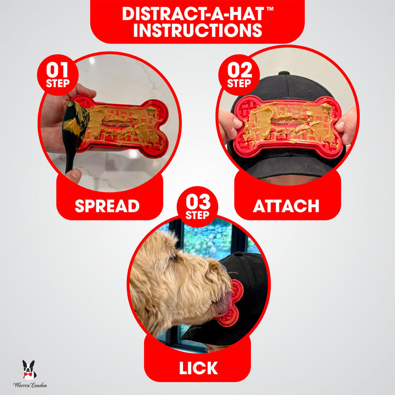 Distract-A-Hat ™ by Warren London - Dog Grooming Distraction Lick Hat for Nail Clipping and Grooming – Adjustable Fit with Adhesive Dog Lick Pad, Spreader & Cleaning Brush Included One Size Fits All - PawsPlanet Australia