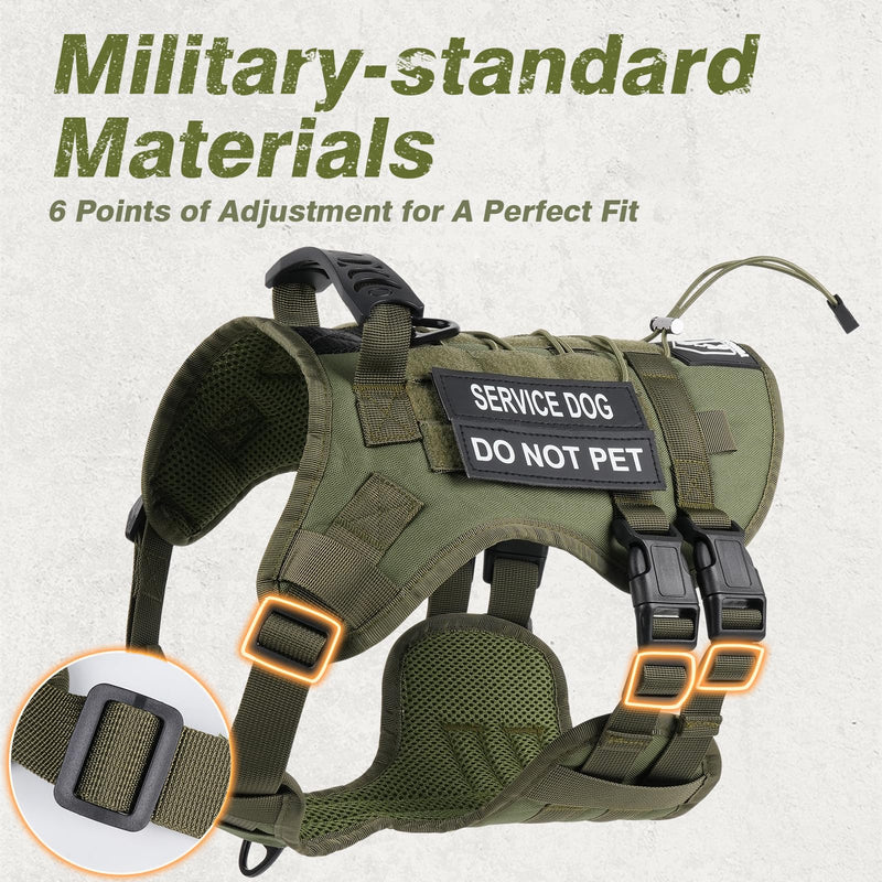 No Pull Tactical Dog Harness for Large Dogs, Escape Proof Molle Dog Vest Harness and Leash Set, Adjustable Military Service Dog Harness with Handle for Medium Large Dogs(Green, M) Green - PawsPlanet Australia