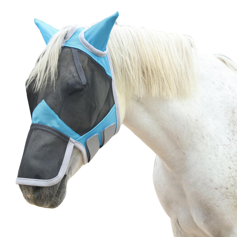 Horse Fly Mask with Ears & Long Nose Cover | Forelock Opening for Tangle-Free Mane Care | UV Protection & Breathable Mesh | No Rub Fit and Enhanced Visbility for Trail Riding Paleblue Cob Pale Blue