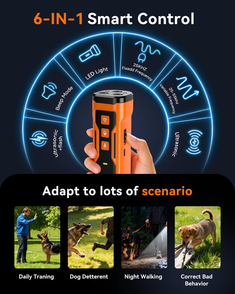 Dog Bark Deterrent Devices, 6 Modes 3X Ultrasonic Anti Barking Device for Dogs, 33 FT Range Barks No More Indoors Neighbor Outdoors with Flashlight,Dog Training Device Portable Orange