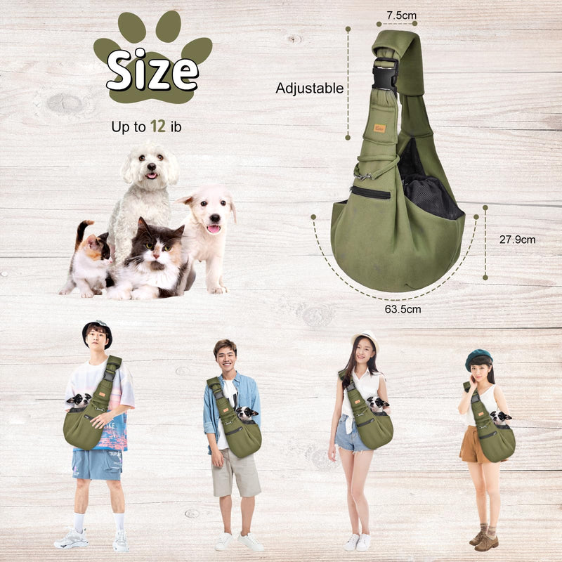 CUBY Puppy Carrier, Adjustable Reversible Cat Dog Sling Carrier for Small Medium Dogs Hands-free Puppy Sling Protect Shoulder Strap with Safety Belt Zipper Pocket Bottom Mat Military Green