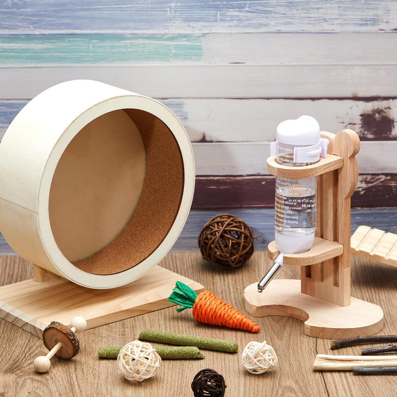 2 Pcs 7.9" M Size Wooden Hamster Wheels and Hamster Water Bottle Set Guinea Pig Running Silent Exercise Wheels Small Animal Water Dispenser Stand Holder for Guinea Pig Gerbil - PawsPlanet Australia