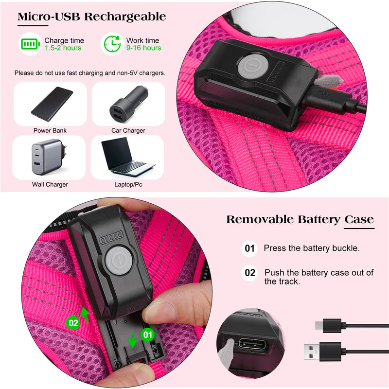 Light Up Dog Harness, Rechargeable Led Dog Harness with Battery Level Indicator, Adjustable Reflective Safety Vest for Night Walking, Soft Mesh Lighted Harness for Medium Large Dogs(5-90lbs) L Pink - PawsPlanet Australia