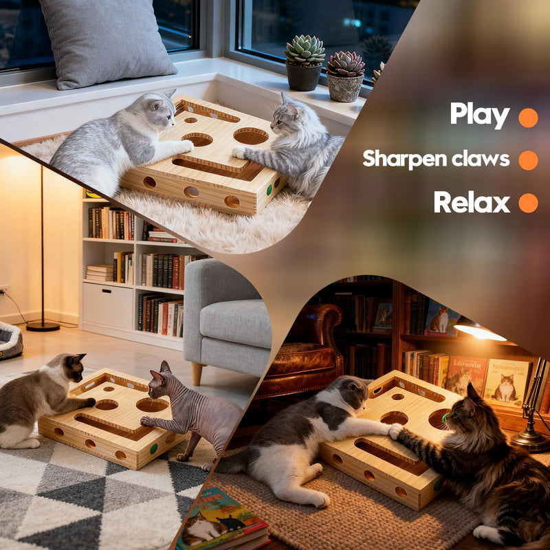 DBZ Cat Scratch Puzzle Enrichment Box, Pine Wood Cat Nail File Enrichment Box, No Need to Install Cat Nail File Box, Stress-Free Alternative to Claw Clippers