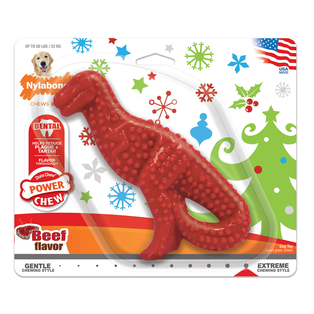 Nylabone Extreme Power Tough Chew Holiday Dinosaur Chew Toy for Dogs, Beef Flavour, Large/Giant, for Dogs up to 23kg Red L - PawsPlanet Australia