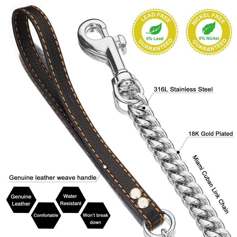 PRADOG Chain Dog Leash Metal Chew Proof 12MM Heavy Duty Pet Leash Chain with Leather Padded Handle for Large Medium Small Dogs(Totally Length of 5ft) 5.0 FT( For S, M Dog) - PawsPlanet Australia