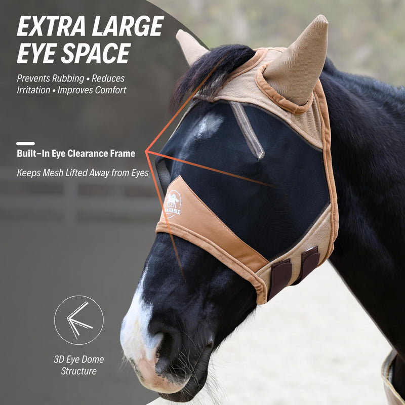 BARN & STABLE Fine Mesh Horse Fly Mask with Ears Lightweight UV Protection Fly Mask for Horses Large 3D Eye Space with Soft Fleece Trim Adjustable Straps Gold