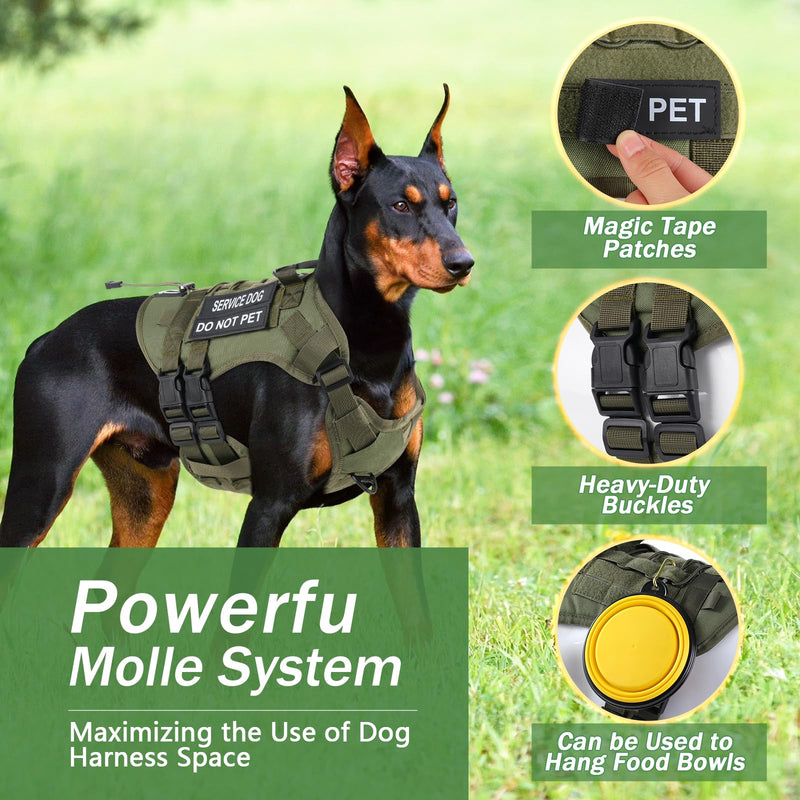 No Pull Tactical Dog Harness for Large Dogs, Escape Proof Molle Dog Vest Harness and Leash Set, Adjustable Military Service Dog Harness with Handle for Medium Large Dogs(Green, M) Green - PawsPlanet Australia