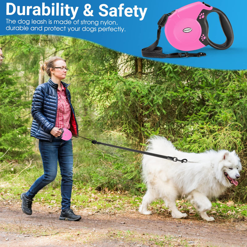 Retractable Dog Leash, 26 Ft Heavy Duty Pet Walking Leash for Small Medium Large Dogs up to 99lbs, Anti-Slip Handle, 360 ° No Tangle, Nylon Tape, One-Handed Brake (Pink) Pink - PawsPlanet Australia