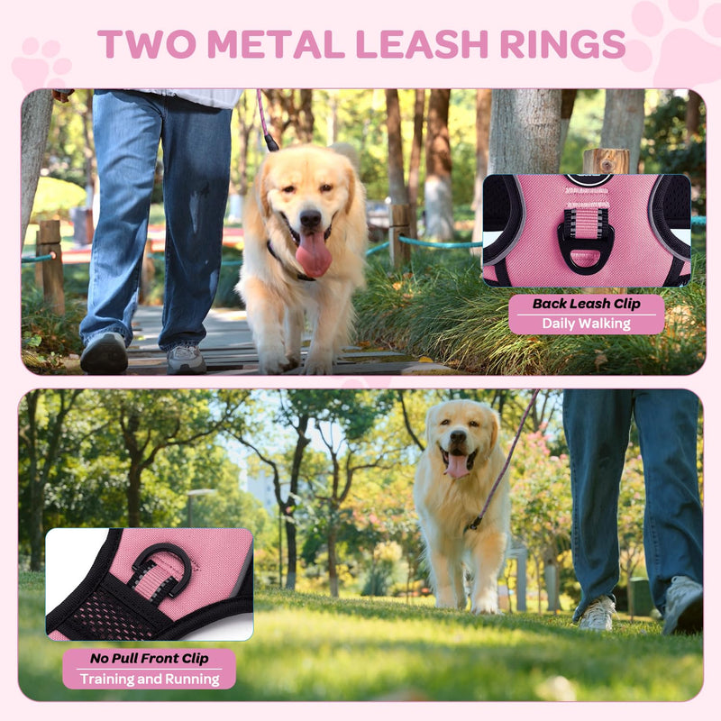 FURRYFECTION No-Pull Dog Harness Medium Dogs | French Bulldog Harness, Y-Shaped Reflective Oxford Vest with Padded Handle, Adjustable Straps & Front-Back Leash Clips, Training Collar and Lead Sets M Pink
