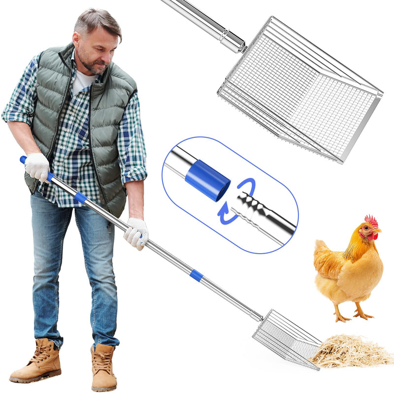 Chicken Poop Scooper, 304 Stainless Steel Shovel Head, 4-in-1 Chicken Litter Scoop with Handle for Chicken Coop & Pet Waste Cleaning, Multifunctional Litter Sifting Shovel(20 to 49") - PawsPlanet Australia