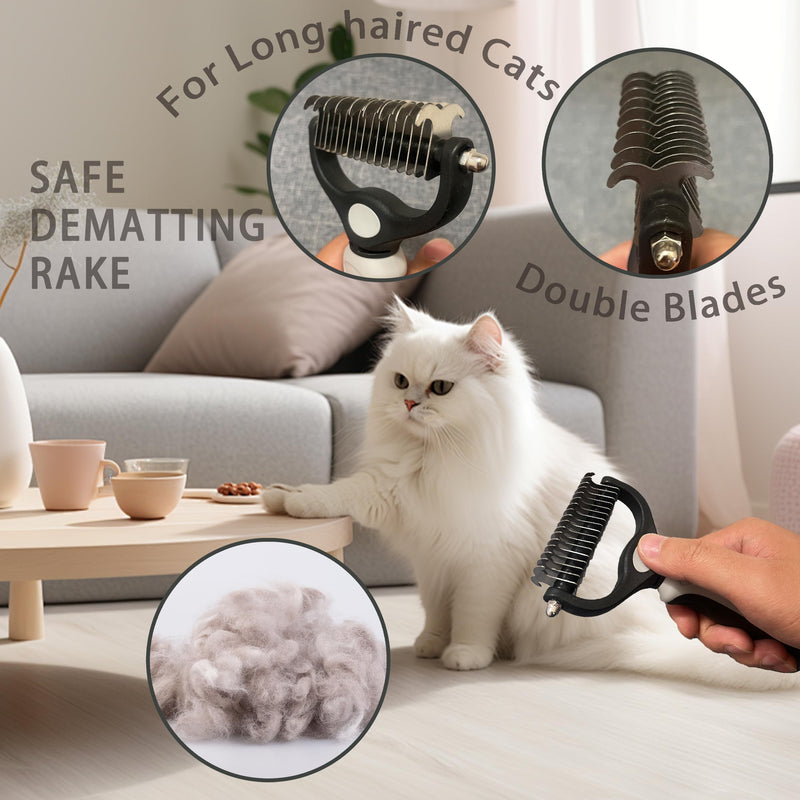 Cat Grooming Brush Kit 6 Tools - Deshedding & Dematting for Long/Short Hair, Self-Cleaning Slicker Brush with 6-in-1 Flea Comb for Cats & Kittens (White) White