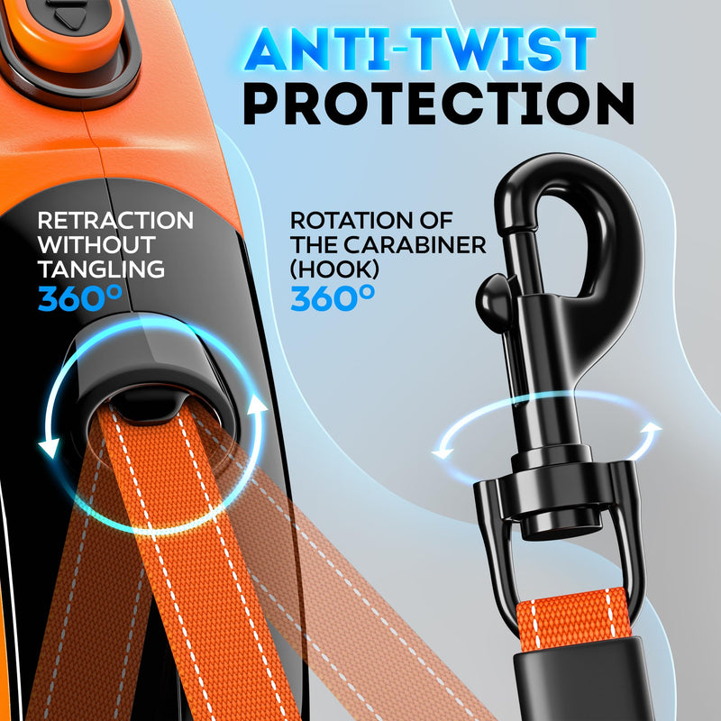 New 2025 Retractable Dog Leash with Anti-Slip Soft Grip - 16,4 ft' Heavy Duty Reflective Nylon Tape Lead for Pets up to 110 lbs - Long Dog Leash with Anti-Twist Protection (Black/Orange) 51-110 LBS Black/Orange - PawsPlanet Australia