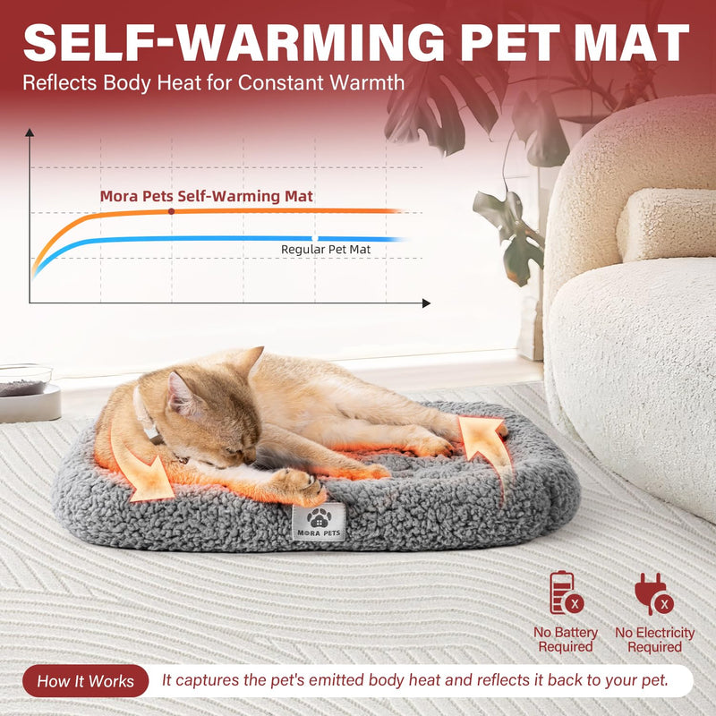Mora Pets Self Warming Cat Bed Self Heating Pet Pad with Bolster and Foam Washable Removable Cover Non Slip Thermal Sherpa Fabric Pet Mat Grey 23 Inch 23"L x 21"W x 3"Th - PawsPlanet Australia