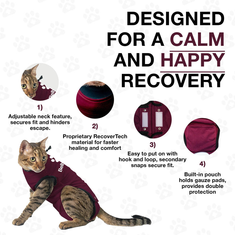 Bellyguard Cat Recovery Suit for Female and Male, Cat Surgery Suit Alternative, Onesie for After Spay Care, Post-Surgery Protective Body Cover for Feline and Kitten Healing XSmall+ Maroon