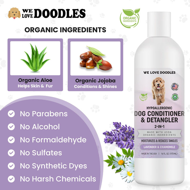 We Love Doodles Dog Conditioner & Grooming Set- 2-in-1 Lavender and Chamomile Conditioner for Allergies & Itching, Removes Tangles & Matts, Dematting Pet Combs, Detangler for Matted Hair