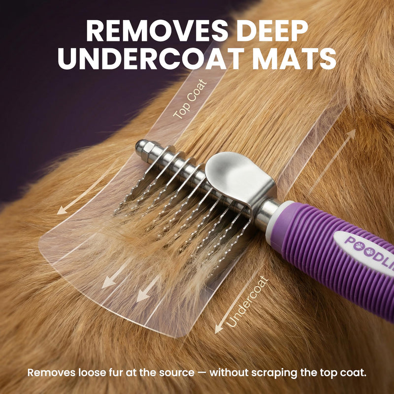 Poodle Pet Dematting Fur Rake Comb Brush Tool with Long 2.5” Steel Safety Blades for Detangling Matted or Knotted Undercoat Hair, Safe Grooming Accessories for Dogs, Longhaired Cats, Rabbits, Horses