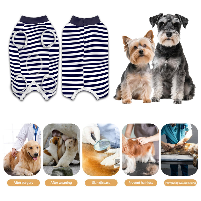 Striped Dog Surgery Suit Female Male Dog Recovery Body Suit After Surgery, Soft Cotton Surgical Recovery Vest Pet Medical Shirt Button Closure, Wound Protection, Easy to Wear, Dark Navy S