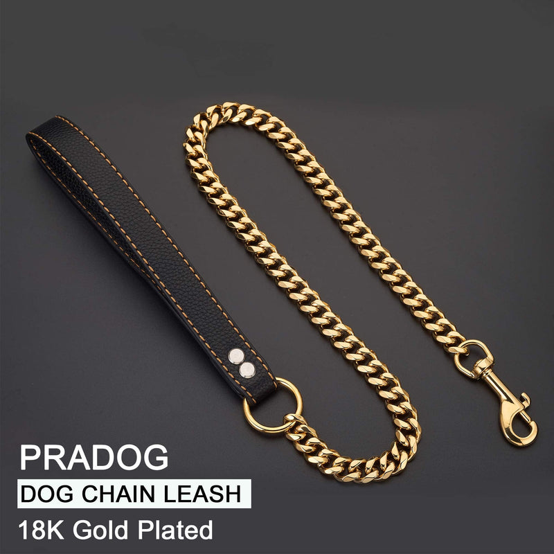 PRADOG Chain Dog Leash Metal Chew Proof 15MM Heavy Duty Pet Leash Chain with Leather Padded Handle for Large Medium Small Dogs(Totally Length of 3ft) Gold 3.0 FT ( For Larger Dog) - PawsPlanet Australia