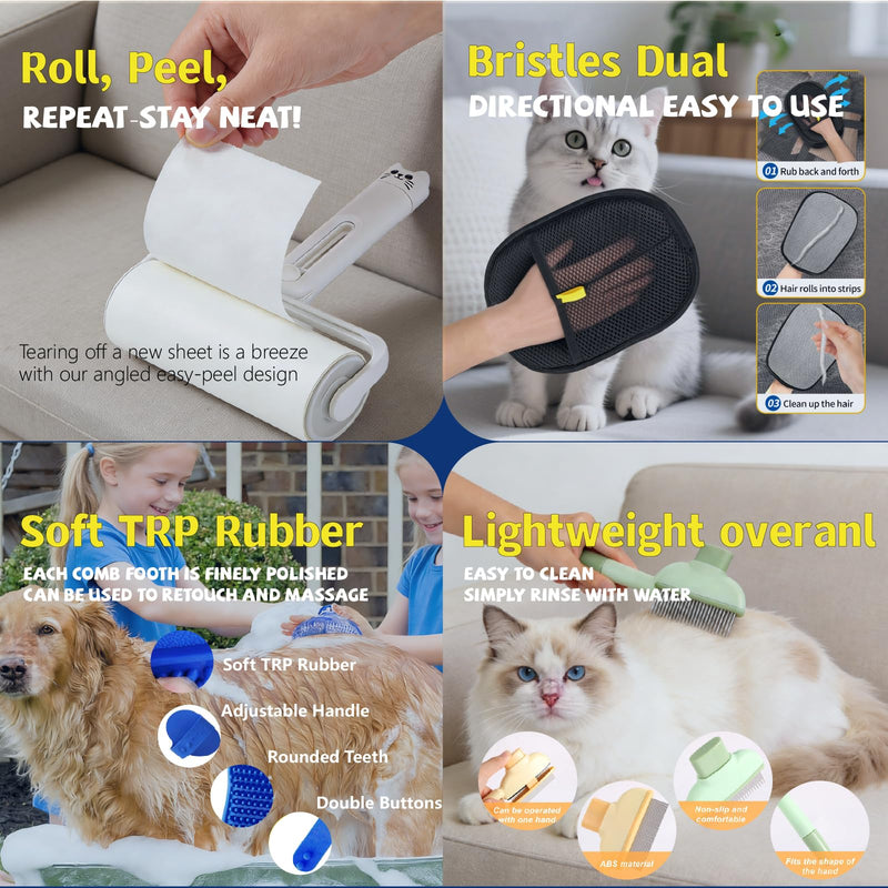 Electrostatic Pet Hair Removal Glove - Includes Self-Cleaning Deshedding Comb + Refillable Lint Roller + Soft Bath Brush, 4-in-1 Pet Grooming Kit for Cats/Dogs/Clothes/Couch/Car yello