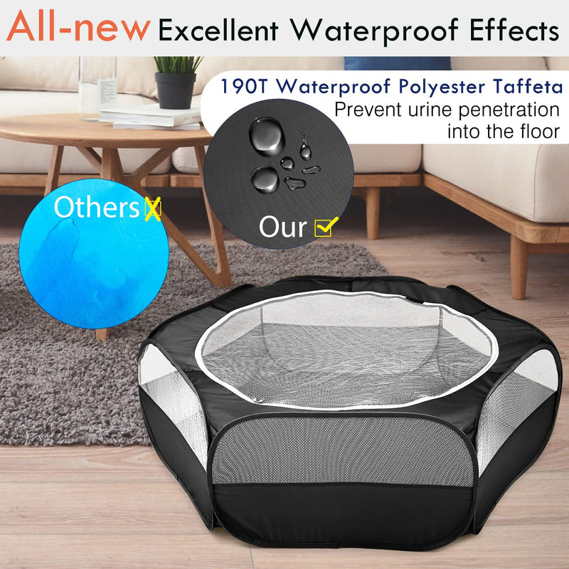 Pawaboo Small Animals Playpen, Waterproof Small Pet Cage Tent with Zippered Cover, Portable Outdoor Yard Fence with 3 Metal Rod for Kitten/Puppy/Guinea Pig/Rabbits/Hamster/Chinchillas, Black - PawsPlanet Australia