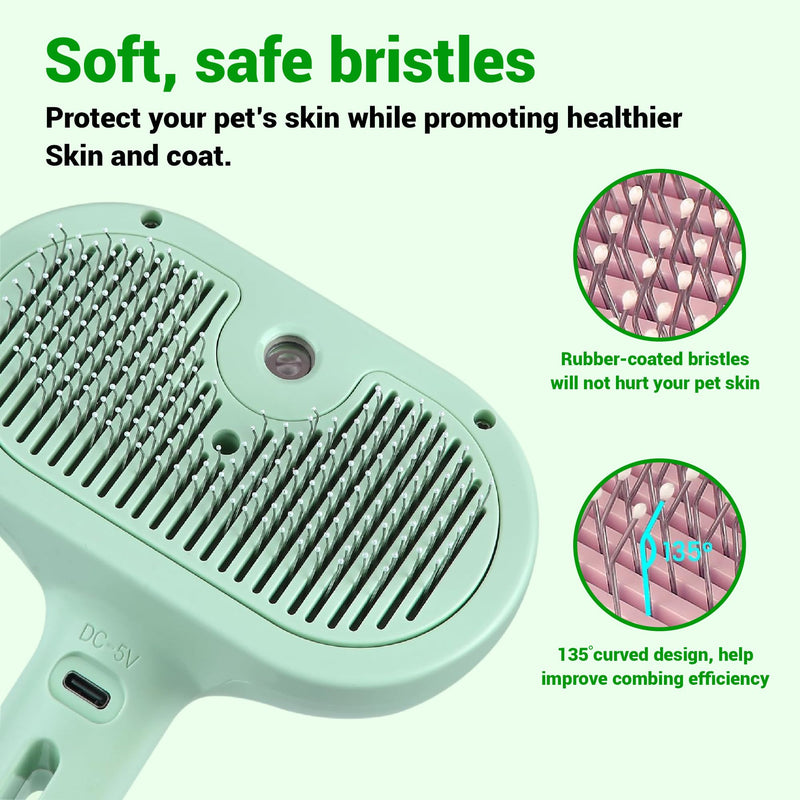 Cat Steam Brush 3 in 1 Steamy Pet Hair Removal Comb Brush Self Cleaning Anti Static Effective Hair Removal Cat Grooming (Green) Green - PawsPlanet Australia