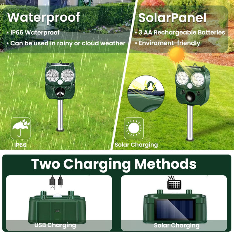Solar Ultrasonic Animal Repellent Outdoor Cat Repellent Outdoor Motion Activated Animal Repeller Waterproof Cat Deterrent to Scare Skunk Rabbit Raccoon Dog Squirrel Deer for Yard Green