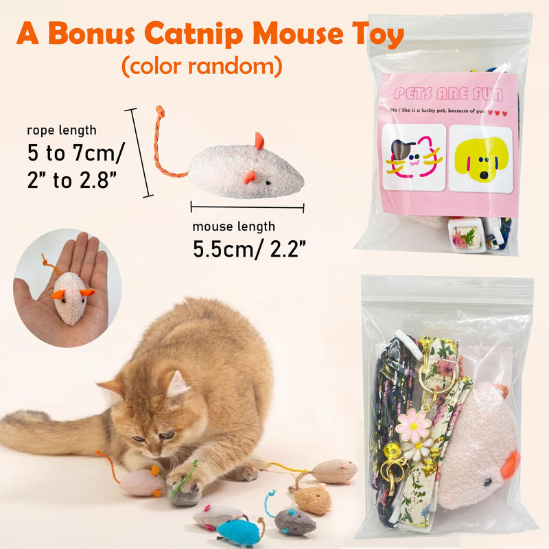 2 Pack Cotton Breakaway Cat Collars Set with Bell and Flower Pendant, Cute Floral Fruit Patterned, Adjustable 7.5-11Inch, Include A Mouse Toy Gift beige+dark pink - PawsPlanet Australia