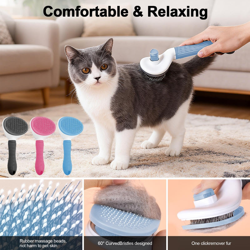 Cat Brush, Self Cleaning Slicker Brush, Skin-Friendly Grooming Tool for Cats & Dogs, Easily Removes Shedding Hair & Mats, Pet Massaging Tool for Long and Short, No Hair Build-Up, Easy to Clean Blue