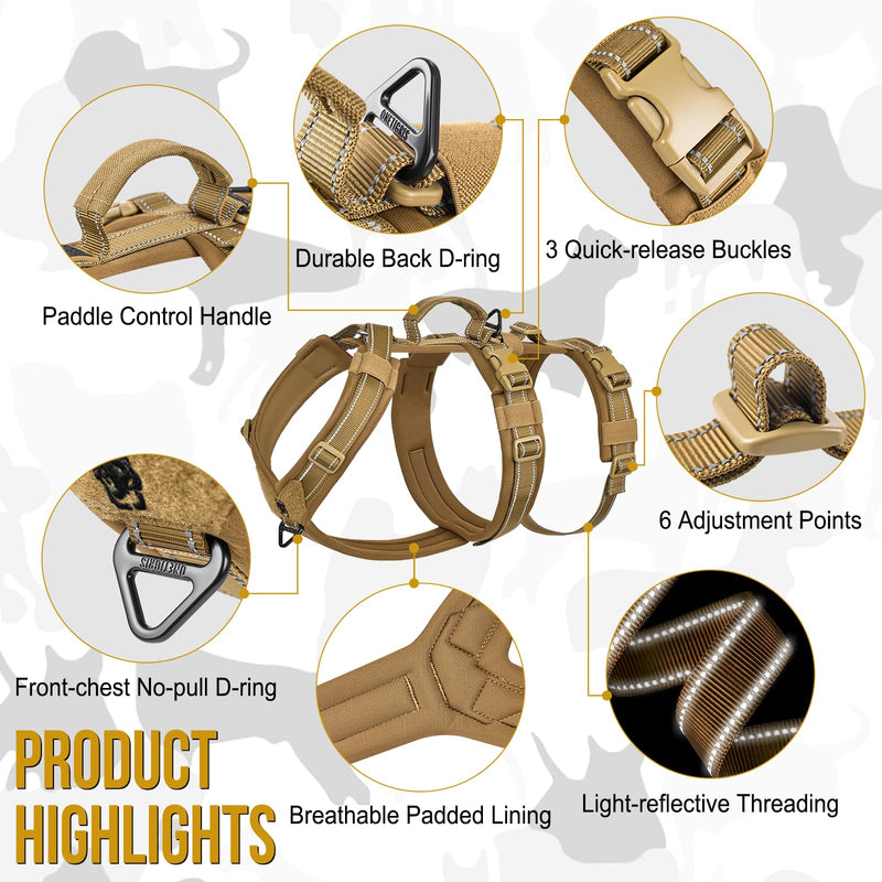 OneTigris Dog Harness No Pull, Adjustable Tactical Harness with Soft Padding, Y-Shaped Reflective Easy Walk Dog Harness for Medium and Large Dogs Brown X-Large - PawsPlanet Australia