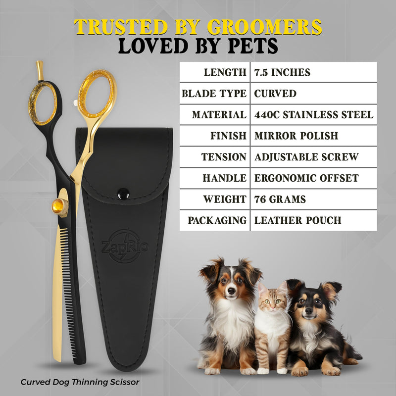 7.5” Curved Thinning Shears for Dogs and Cats – 34 Tooth Professional Pet Grooming Scissors – Smooth, Quiet Blending Shears for Face, Ears, Chest and Legs, Ergonomic Design for Home and Pro Use Golden Black Curved Thinning Scissors - PawsPlanet Australia