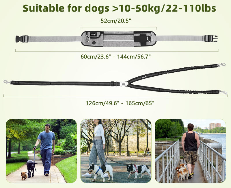 Pecute Hands Free Dog Leash 2 Dogs, Waist Belt Fanny Pack with Soft Padded, Dual Dog Leash with Pouch, 3 Padded Handles, Durable Bungee, Double Dog Leash for Running Walking Hiking Jogging Biking Gray-new - PawsPlanet Australia