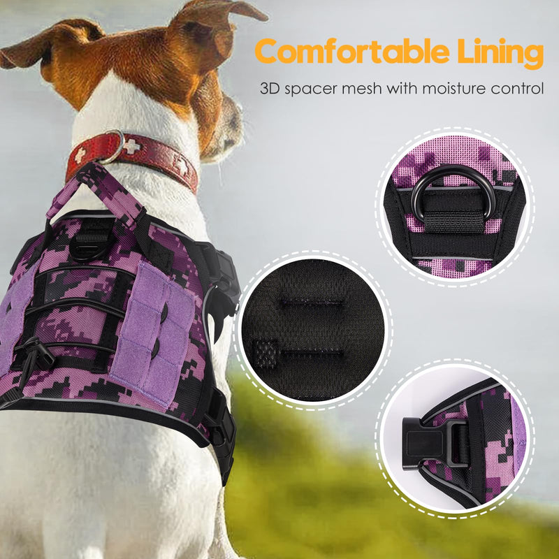 Heavy-Duty Tactical Dog Harness for Large Dogs, No Pull Adjustable Reflective Pet Vest with Molle System, K9 Military-Grade Control for Service Training, Outdoor & 10+ Breeds, Purple Camo, Medium M: Neck: 17-22'', Chest: 23-28'' - PawsPlanet Australia