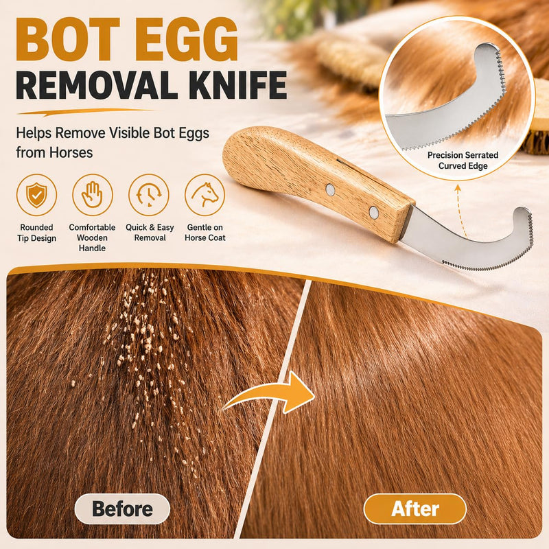 Bot Egg Knife for Horses, 2 Pack Bot Fly Egg Remover Tool with Wooden Handle, Stainless Steel Curved Serrated Blade, Horse Grooming Knife for Visible Eggs, Loose Hair and Debris