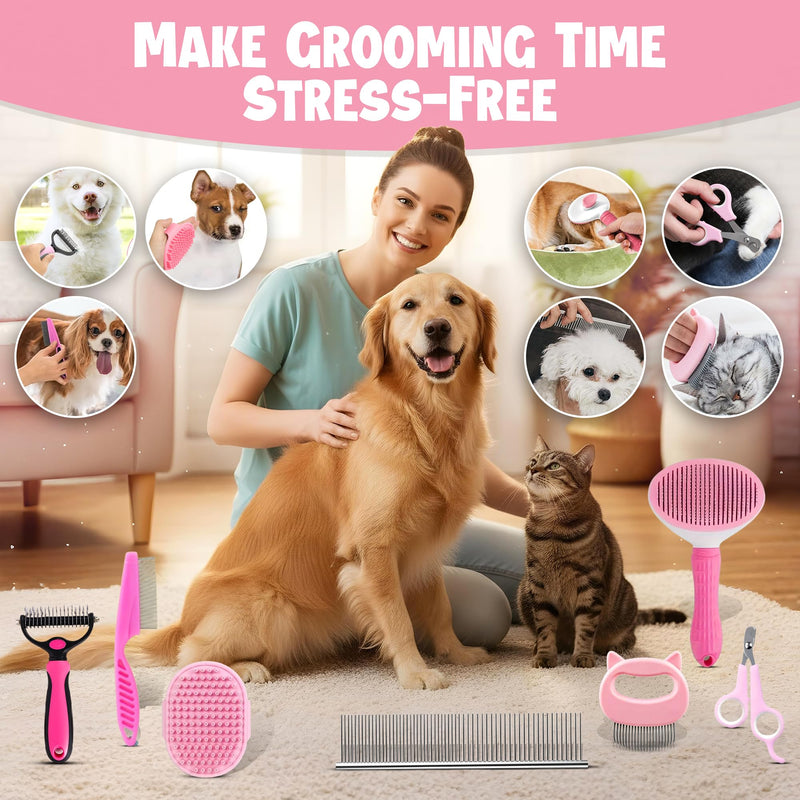 7-in-1 Pet Grooming Kit for Dogs & Cats Deshedding Brush, Bath Brush, Flea Comb, Nail Clipper & Massage Glove Complete Grooming Set for Small & Large Pets - PawsPlanet Australia
