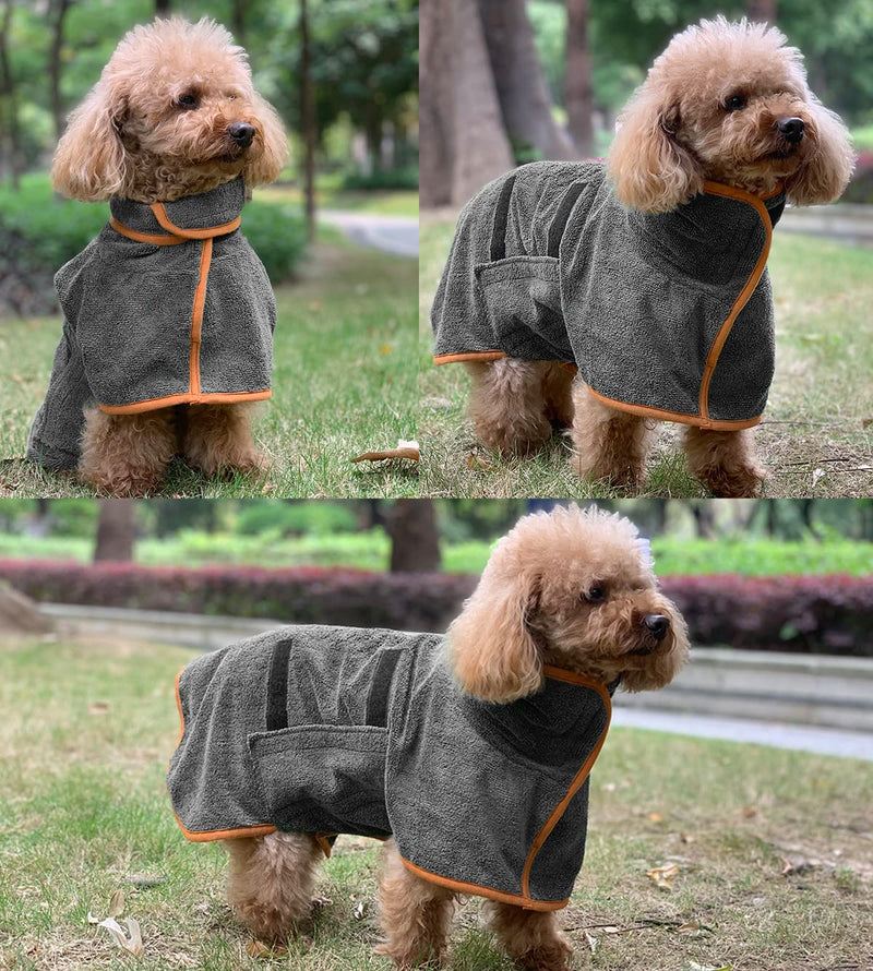 Dog Drying Coat Bathrobe Towel, Microfibre Material Fast Drying Super Absorbent Dog Bath Robe, Pet Quick Drying Moisture Absorbing with Adjustable Collar and Waist Small Grey