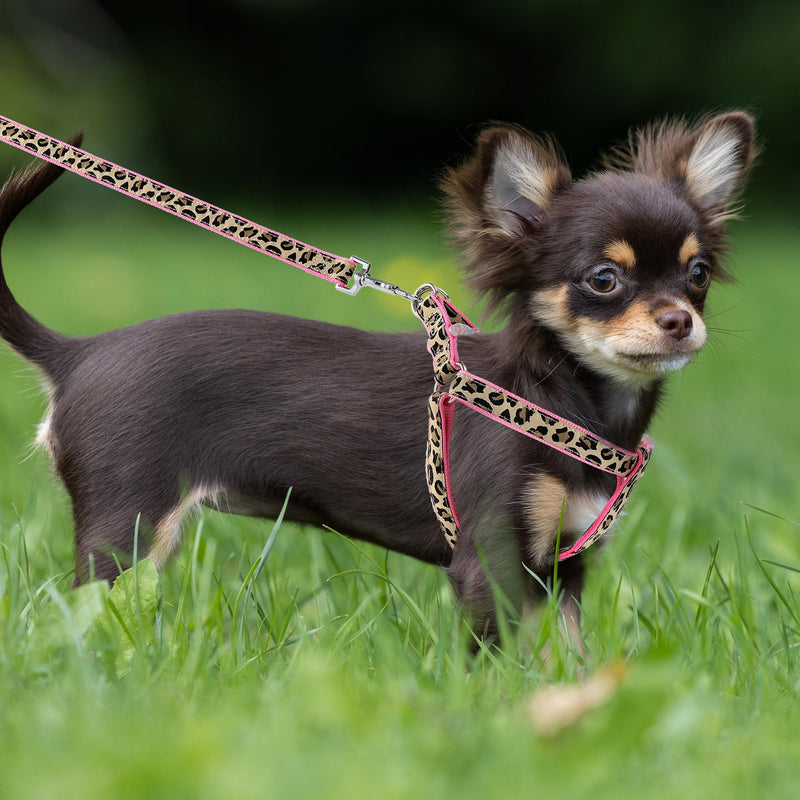 Mile High Life Leopard Dog Harness Collar Leash Set, Adjustable No Pull Dog Halter Harness for Small Breed Dogs, Easy Control for Training Walking (Pink, XS Chest 9"-15", Neck 8"-12") X-Small Neck 8"-12" Pink - PawsPlanet Australia