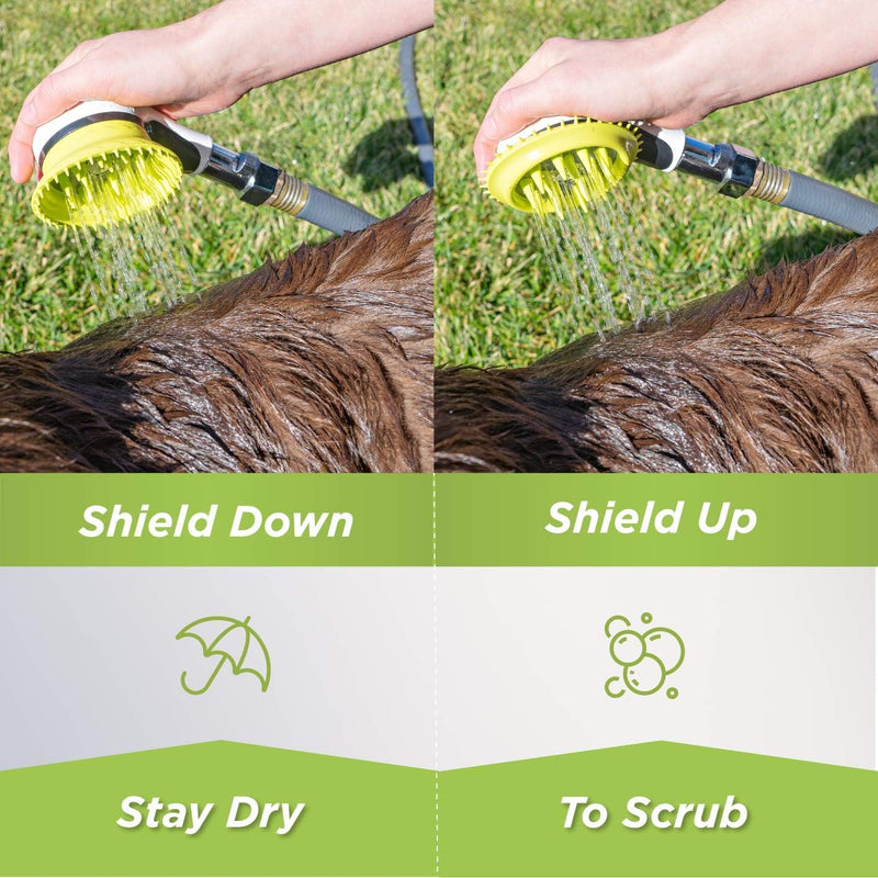 Outdoor Dog Wash Garden Hose Nozzle for Bathing and Quick Paw Rinses. Splash Shield Handle and Rubber Grooming Brush. Metal Connection. Swivels on Hose with Water Pressure Control. White - PawsPlanet Australia