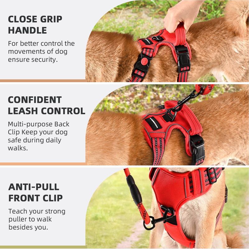 No Pull Dog Harness with A Free Heavy Duty 5ft Dog Leash, Adjustable Soft Padded Dog Vest, Reflective No-Choke Pet Oxford Vest with Easy Control Handle for Small and Large Dogs(Red, Large) Red - PawsPlanet Australia