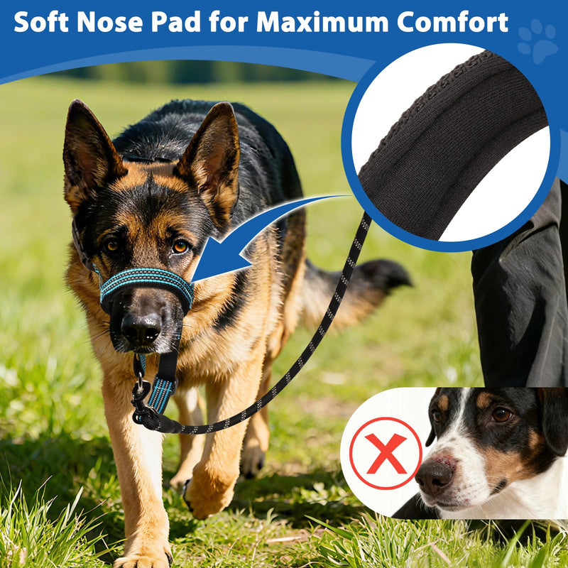 BARKLESS No Pull Dog Head Collar for Gentle Training Walking, Soft Padded Head Halter with Collar Safety Clip, Comfortable Fit Muzzle Leash with Reflective Strap for Medium Large Dog (Blue, XL) Blue XL (Snout 12"-17.5") - PawsPlanet Australia