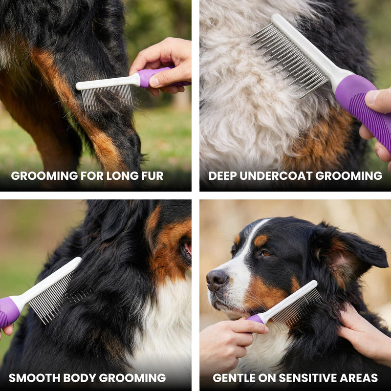 Poodle Pet Detangling Pet Comb for Dogs & Cats - Detangler Grooming Tool with Long & Short Stainless Steel Metal Teeth for Dematting Matted Fur, Combing Out Knots, Removing Tangles from Undercoat - PawsPlanet Australia
