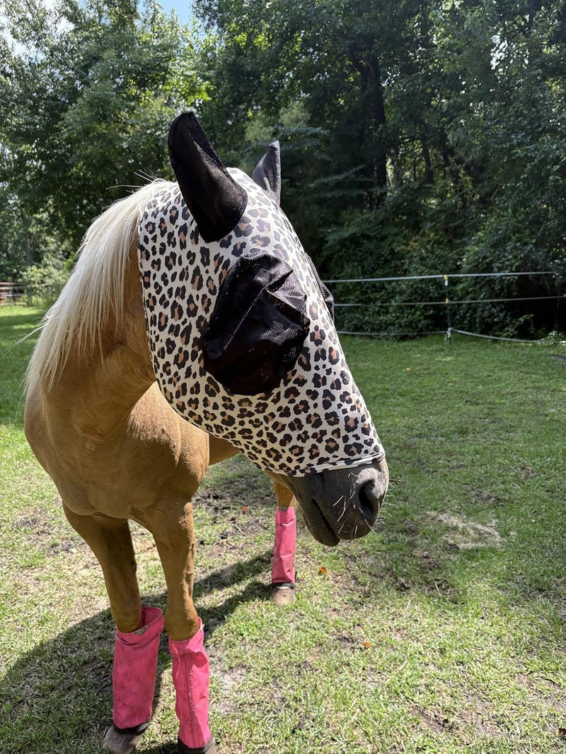 Stretchable UV-Blocking Equine Fly Mask with Moldable Ear Covers, Adjustable Comfort Mesh Straps, Leopard-Pattern Pasture & Trail Protection Perfectly Sized for Full Sized Horses - Leopard Print Large