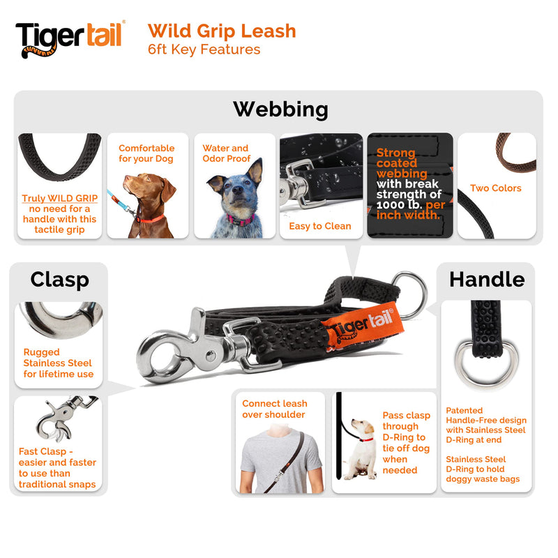 Tiger Tail 6FT Brown Wild Grip Premium Coated Nylon Dog Leash for Large Medium & Small Dogs - Waterproof and Odor Proof, Easy Grip, Durable & Lightweight Alternative-Leather Lead | Brown, 6ft 6 ft - PawsPlanet Australia