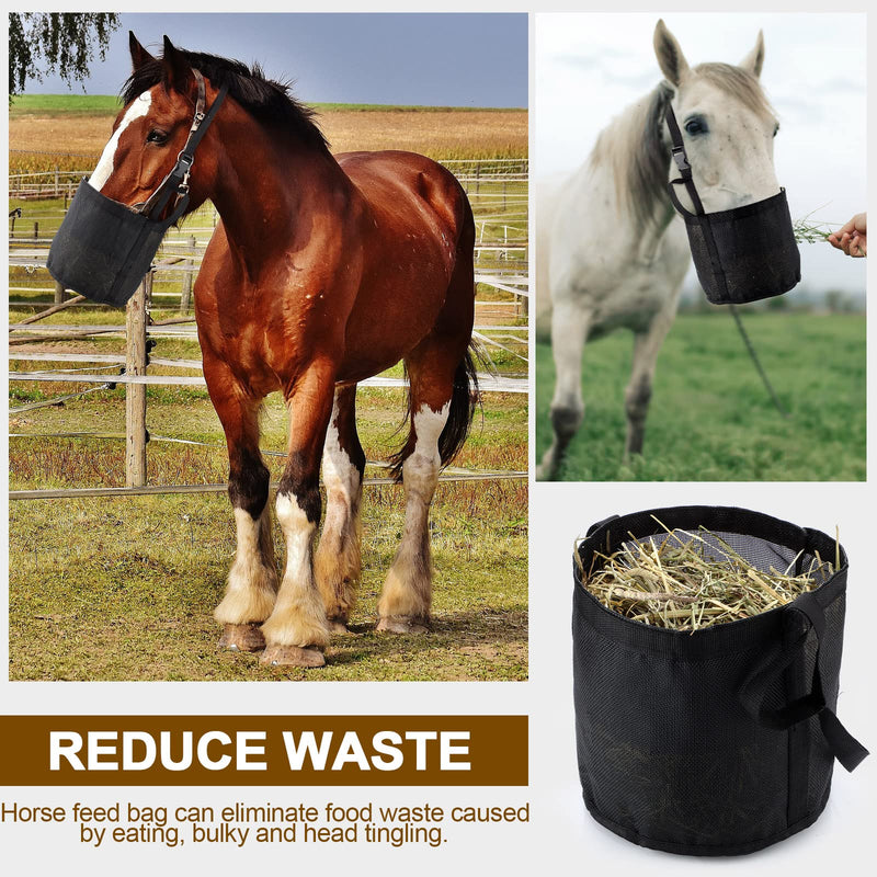 Sumind 2 Pcs Feed Horses Bag for Grain Hay Bags Heavy Duty Mesh Horse Feeder with Adjustable Strap Comfort Neck Pad Nose Pad and Waterproof Bottom Muzzle(Black) Black - PawsPlanet Australia