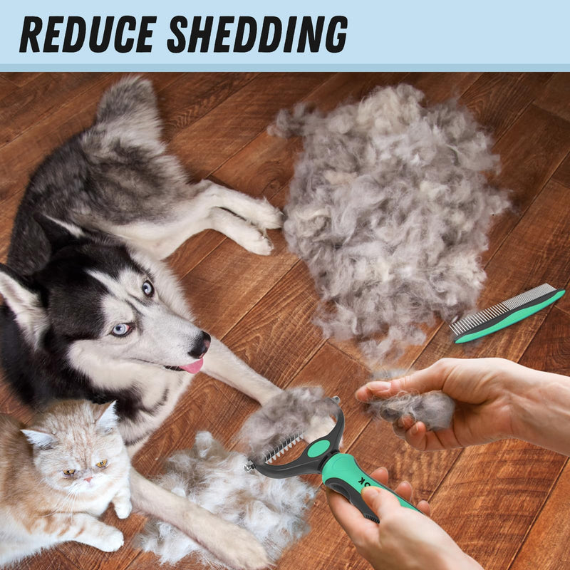 Pet Grooming Brush and Metal Comb Combo, Cat Brush Dog Brush for Shedding, Undercoat Rake for Dogs Grooming, Dematting Deshedding Brush Dogs Shedding Tool for Long matted Haired Pets, Green - PawsPlanet Australia